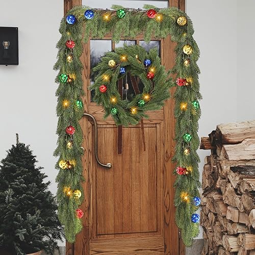 Miniatura 6 de Ceenna 2 guirnaldas de cedro de Navidad preiluminadas de 12.4 pies con 20 luces LED, guirnalda de pino artificial verde para Navidad con bola, 8