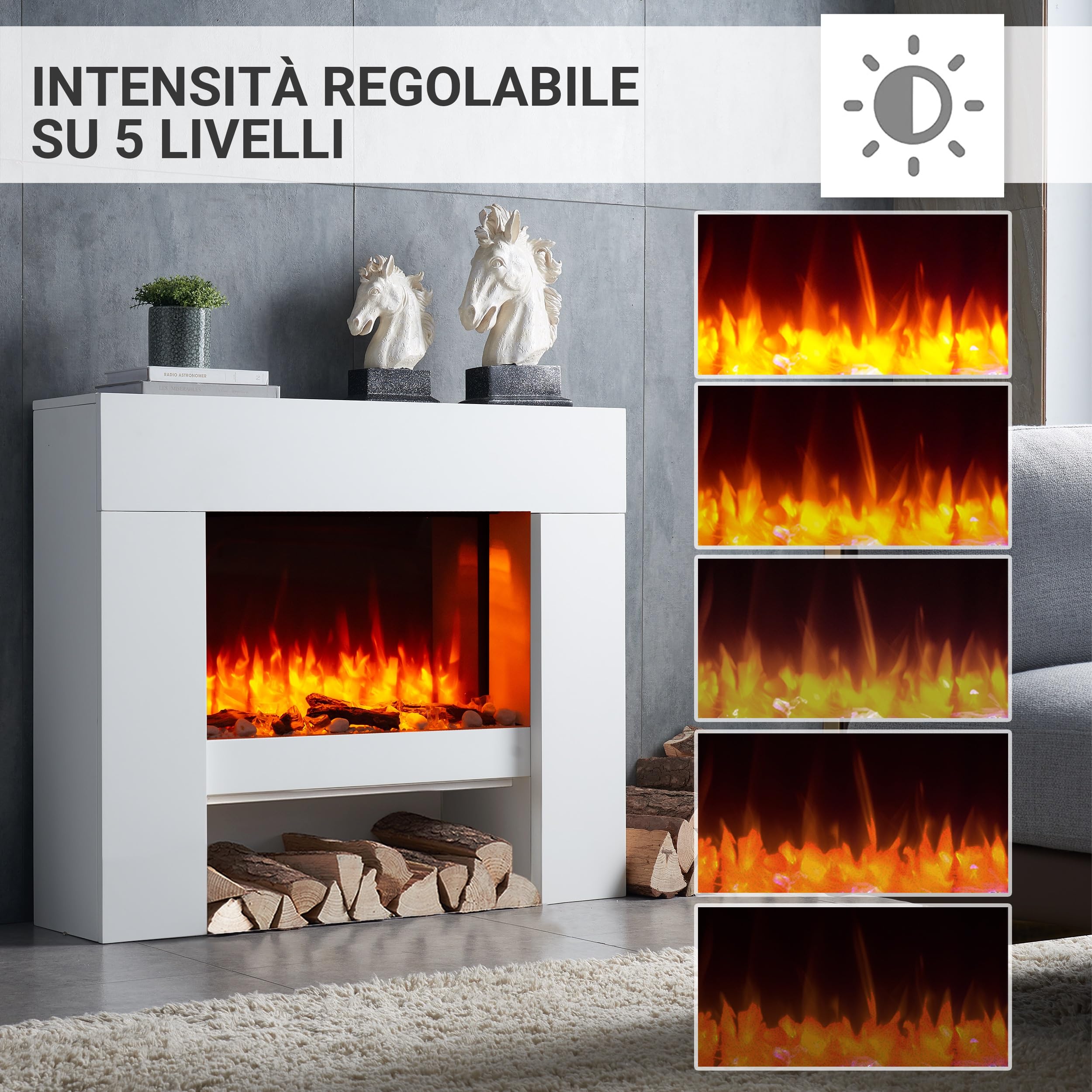RICHEN camino elettrico da terra Naran | Caminetto da pavimento con vano decorativo | Riscaldamento elettrico 2000 W| Effetto fiamma 3D | Focolare con telecomando, timer, termostato | Bianco