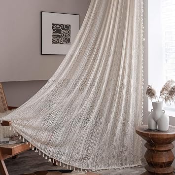 Boho Curtains Crochet Lace Semi-Sheer Bohemian Hollow Knitted Handmade Tassels 94 inch Rod Pocket Window Treatment Vintage Rustic Farmhouse Drapes for Living Room/Bedroom 2 Panels Set Beige
