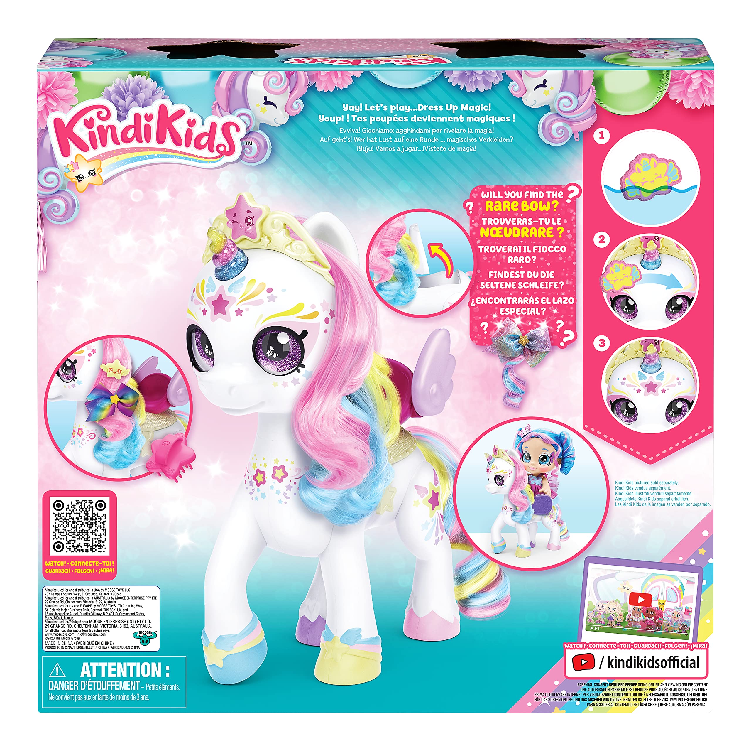 Kindi Kids Secret Saddle Makeup Dress. 1 magiczna gąbka. Akcesoria do szczotkowania i stylizacji grzywy jednorożca można znaleźć w jego siodle, 50247, Wielokolorowy, M