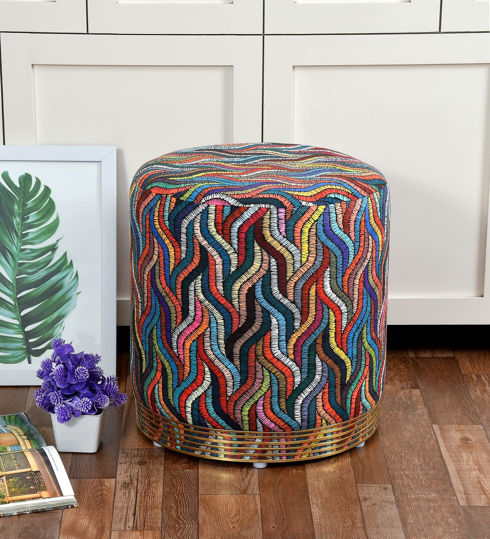 RIANCE CREATIONS Velvet Ottoman Pouffes Seating Stool For Living Room | Puffy Stool Chairs For Bedroom & Office | Seating Furniture Footrest Seat With Printed Cushion (Chindi-Printed, Multicolor)-image-19