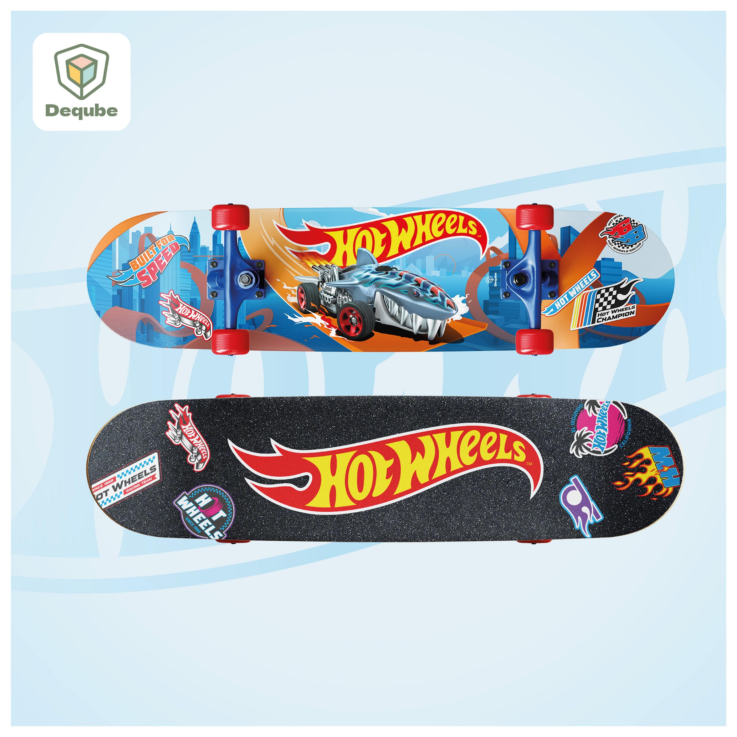 DEQUBE - Skateboard Hotwheels - Skate con superficie antiscivolo, assi in metallo, cuscinetti 608z. - Dimensioni 71 X20 X10 cm (Deqube 914D00186)