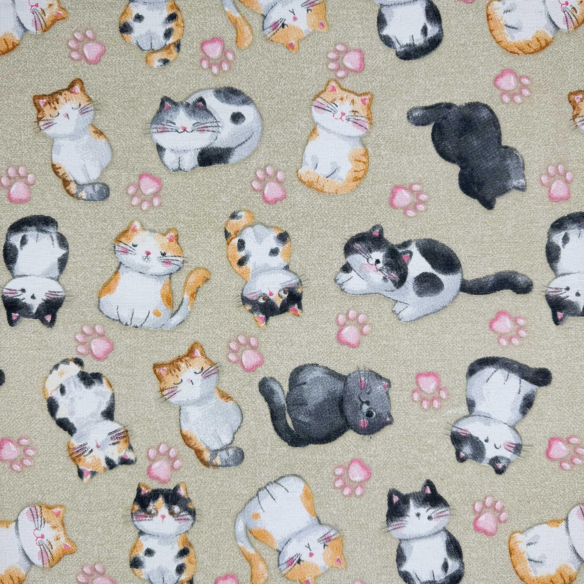 Novelty Designer Prints Cotton Rich Linen Look Quilting Craft Project Cushion Curtain Furnishing Upholstery Home Fabric Material | 55" - 140 cm Wide (per Metre, Kitty Kat Beige)