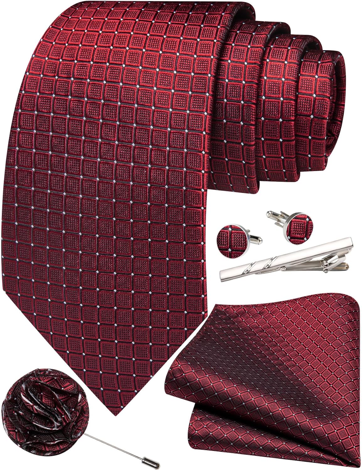 Solid Plaid Checkered Tie Set for Men Silk Necktie Pocket Square Handkerchief Cufflinks Lapel Pin Tie Clip 5PCS - Image 2