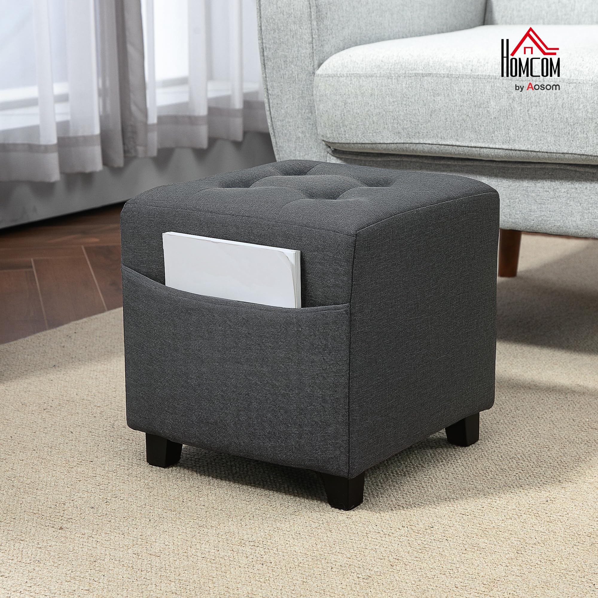 HOMCOM Poggiapiedi Soggiorno, ottomano, seduta imbottita imbottita imbottita in tessuto effetto lino, con tasca laterale, pouf soggiorno, struttura in legno, per camera da letto, ingresso, 35 x 35 x