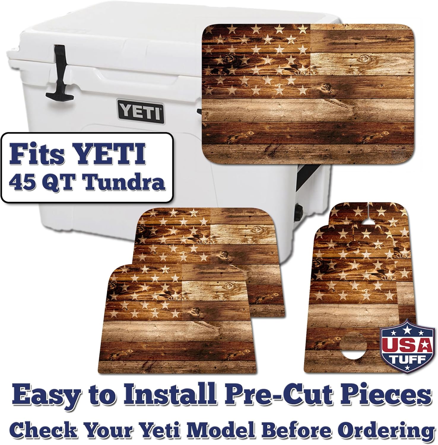 USATuff Vinyl Cooler Lid & Insert Kit Compatible with YETI | Easy Peel & Stick Application Cooler Skin Decal Wrap | Durable Pre-Cut Pieces | Made for Outdoor Use - USA Flag Woodgrain