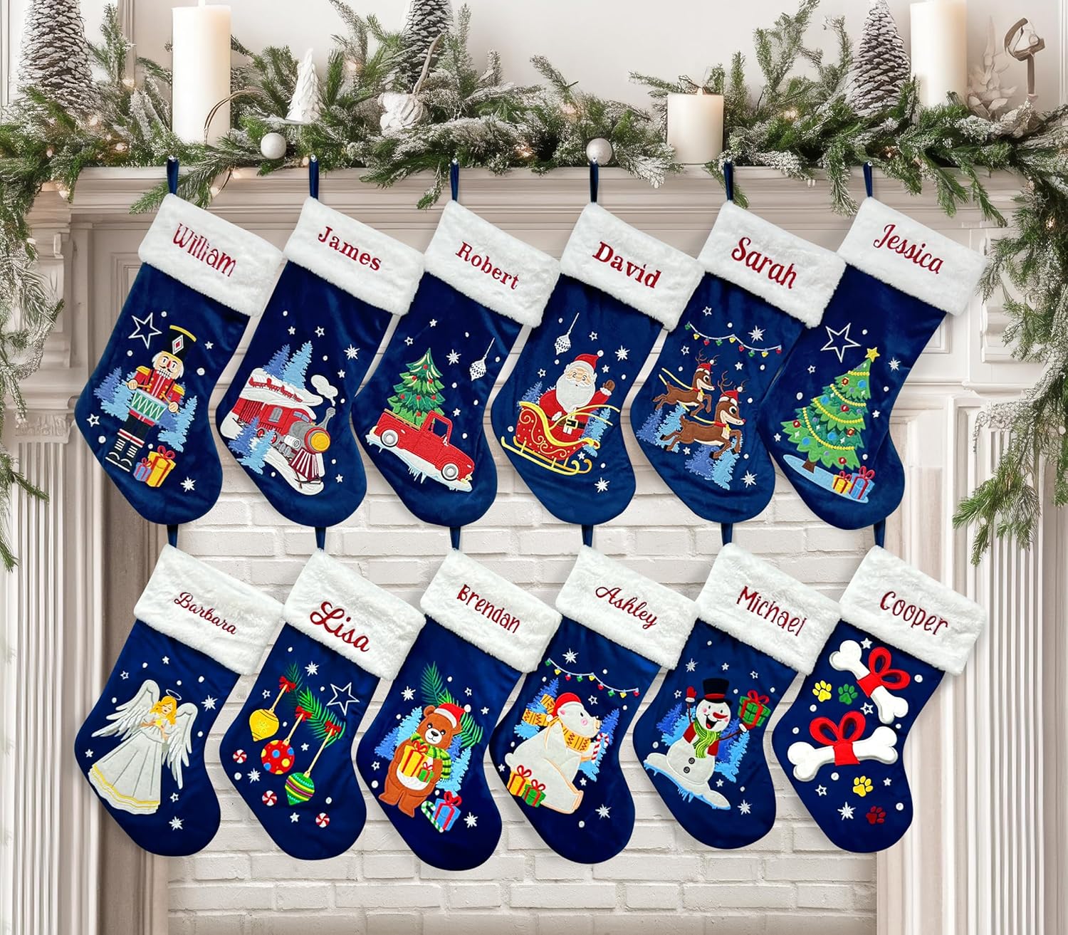 TEEAMORE Custom Blue Velvet Christmas Stocking 5 Pack Personalized Embroidered Name 18" Fireplace Hanging Decorations