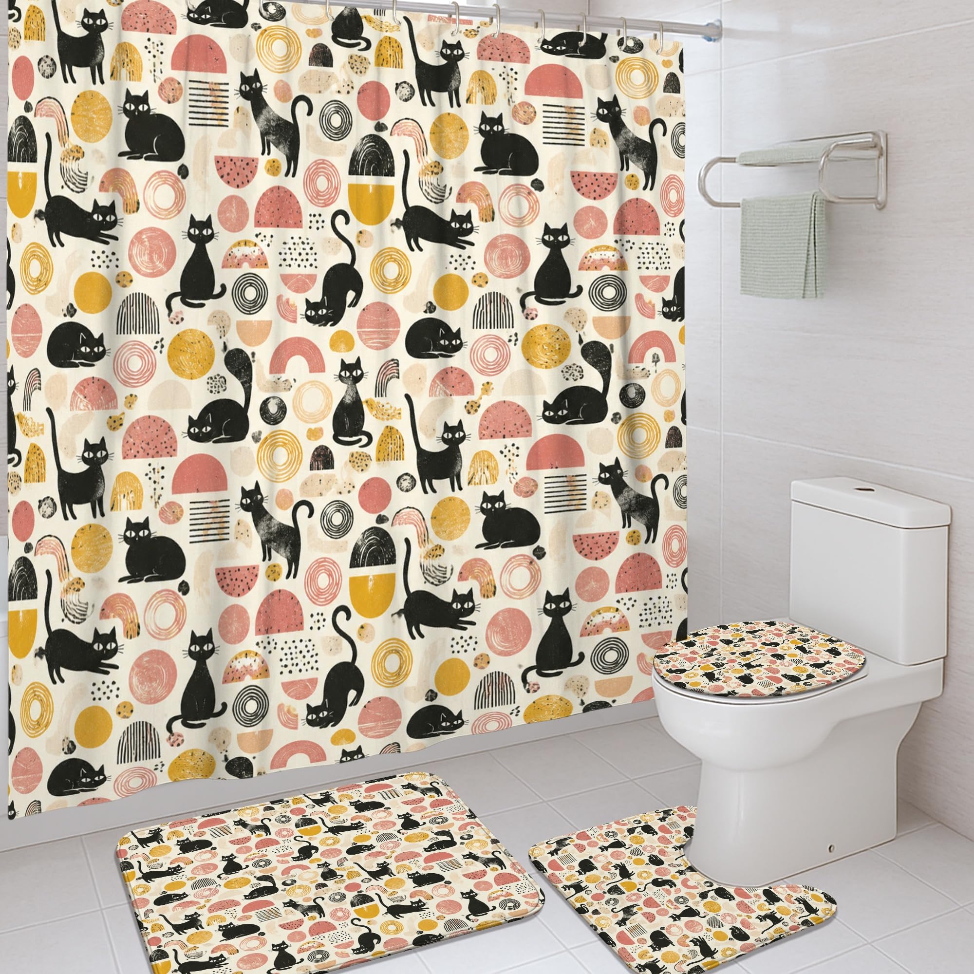 Rideau de douche imperméable en polyester noir avec tapis moderne