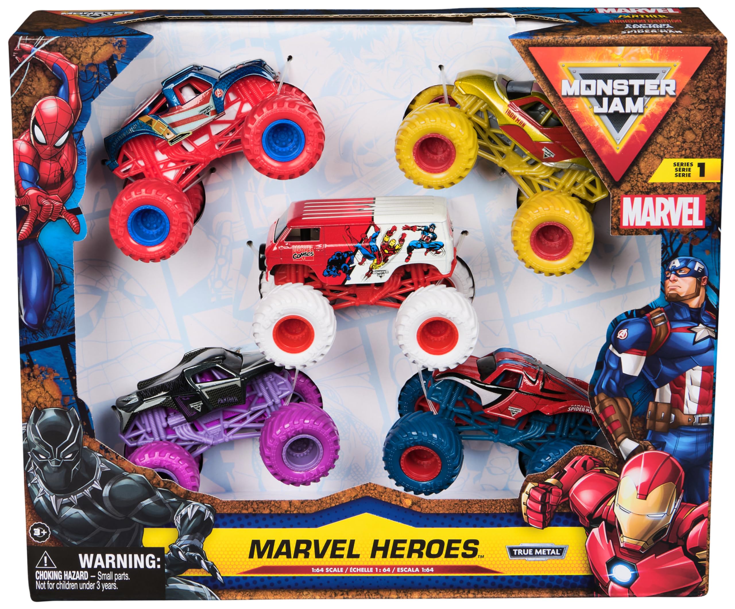 Monster Jam - 5 Véhicules Die-​Cast 1:​64 Marvel - 5 Véhicules Authentiques Monster Trucks Officiels À Collectionner Echelle 1:​64 - Jouet Enfant 3 Ans et +