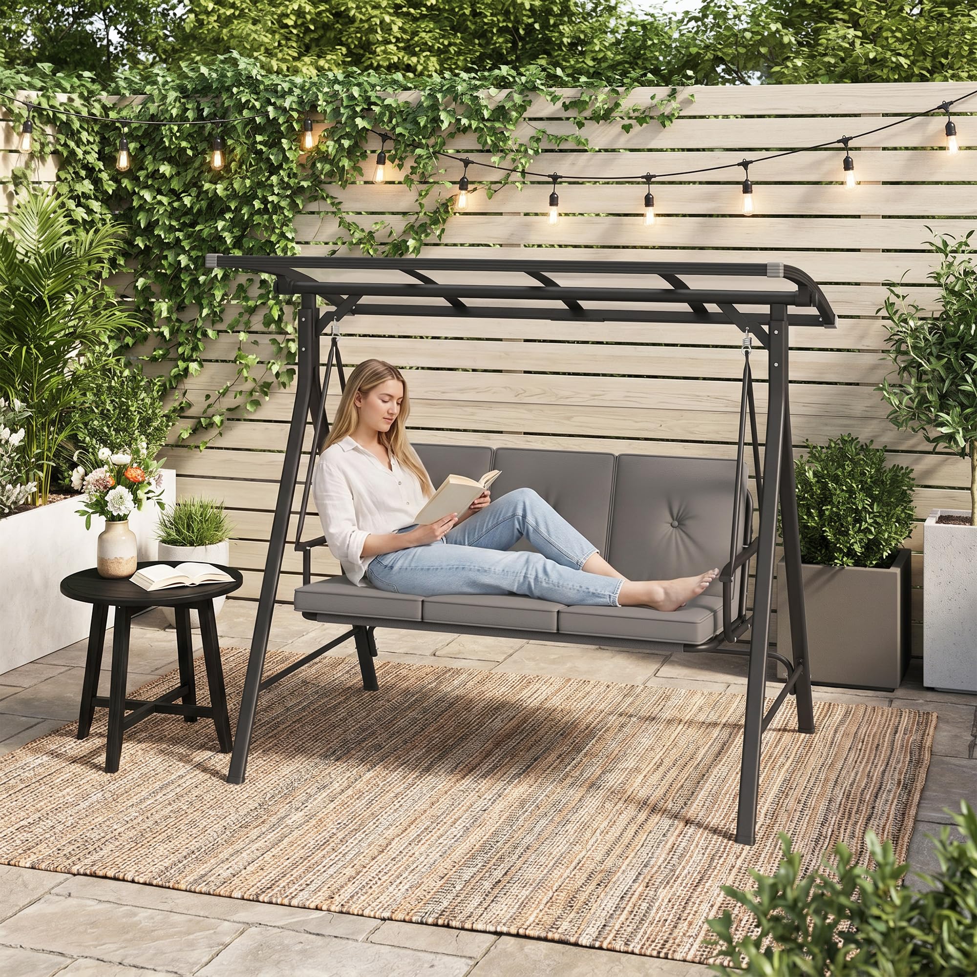 Dondolo da Giardino 3 Posti,Dondolo da Esterno con Tettuccio Parasole Regolabile,Impermeabile, Funzione Inclinabile e Letto, Assemblaggio Semplice, Grigio