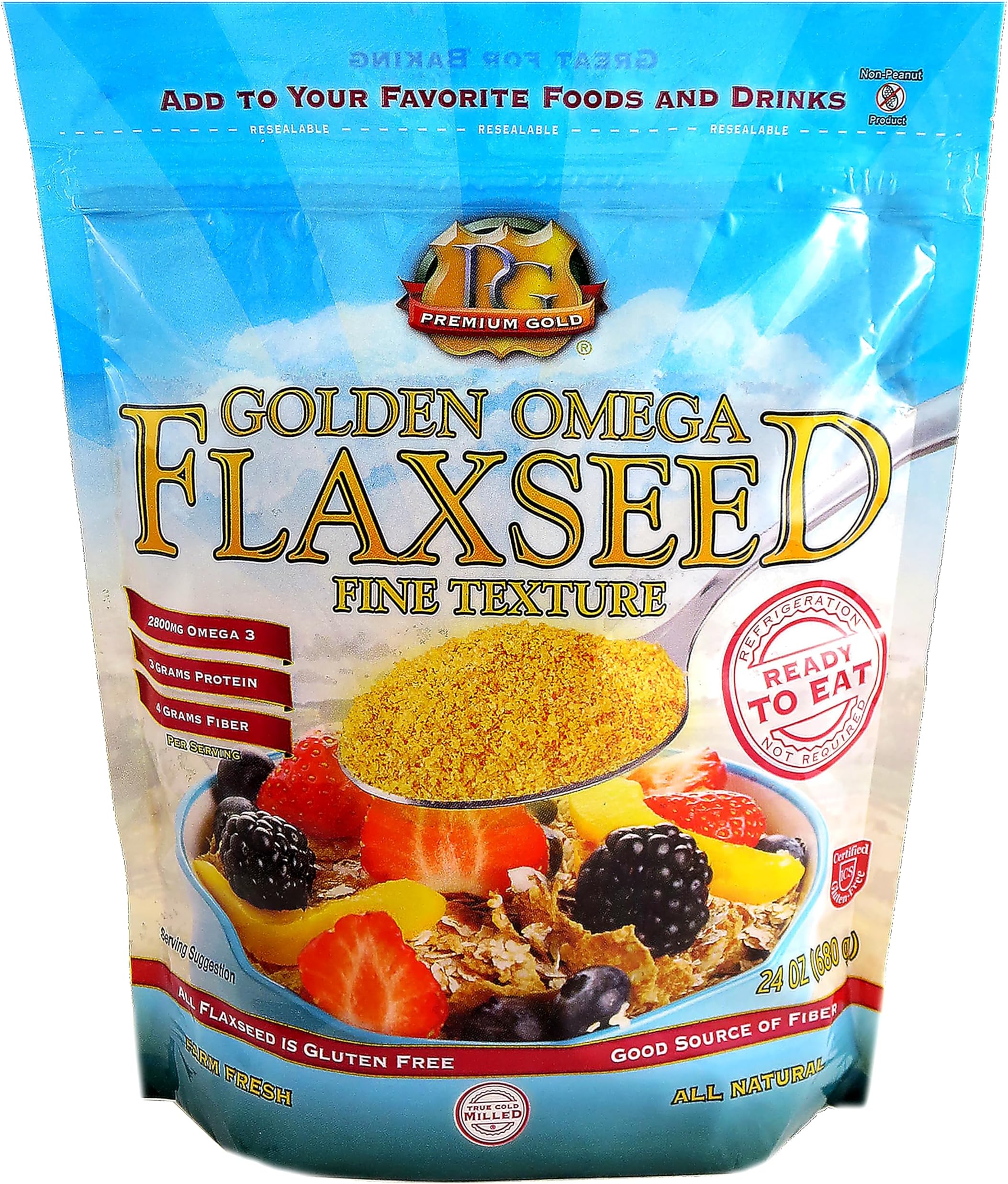 Premium Gold Whole Milled Flaxseed 24 oz, Gluten-Free, Non-GMO, Kosher, Fine Milled Flaxseed, High Fiber, Source of Omega-3, Plant-Based Protein, Ideal for Beverages, Baking & Topping
