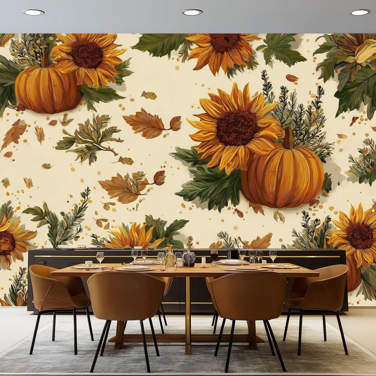Kolorowa tapeta - wykwintne słoneczniki dynie liście fototapeta - murale ścienne do biura salonu sypialni sofy tło telewizora duży mural plakat - dekoracja domu sztuka - 400 x 280 cm (szer. x wys.)