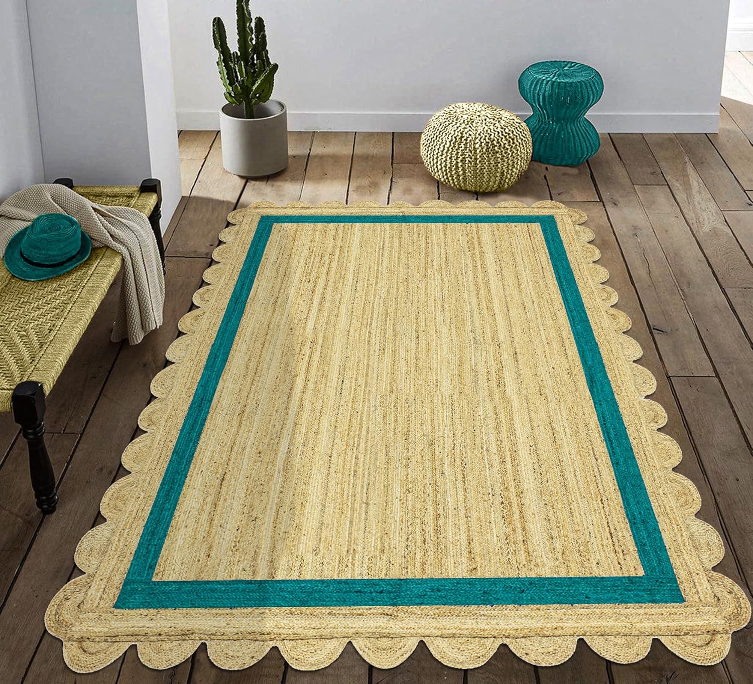 Collection Scalloped Runner Rug - 4x20 Green & Beige Scallop Edge Braided Jute Geometric Kilim Indoor Outdoor Use Carpet Flatweave Rugs for Home Foyer Corridor Hallway