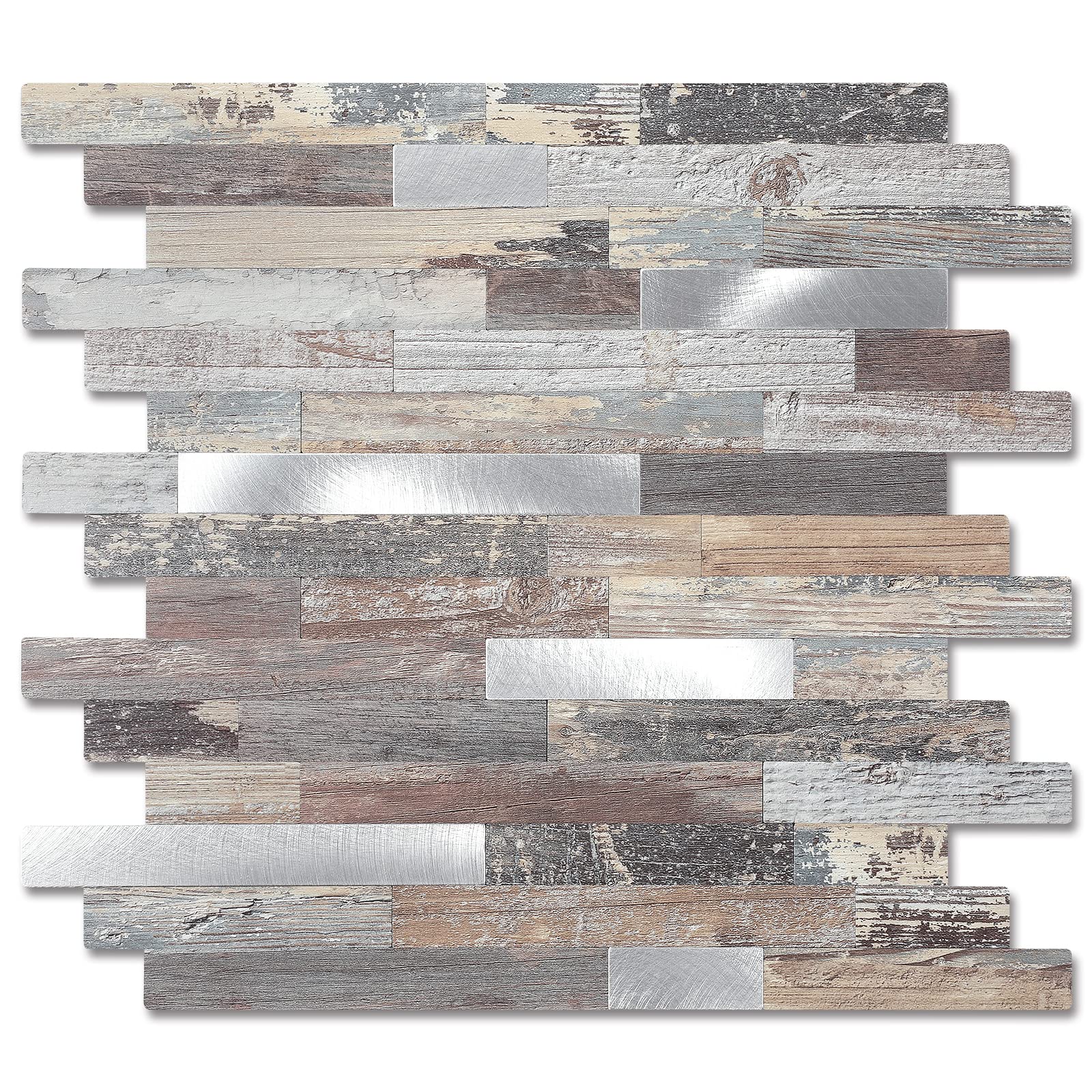 Yipscazo Peel and Stick Wood Metal Tile Backsplash, Stick on Tiles for Backsplash Kitchen, Bathroom, Laundry Room, Camper, Fireplace (12" X 12",1 Sheet in Nature Wood)