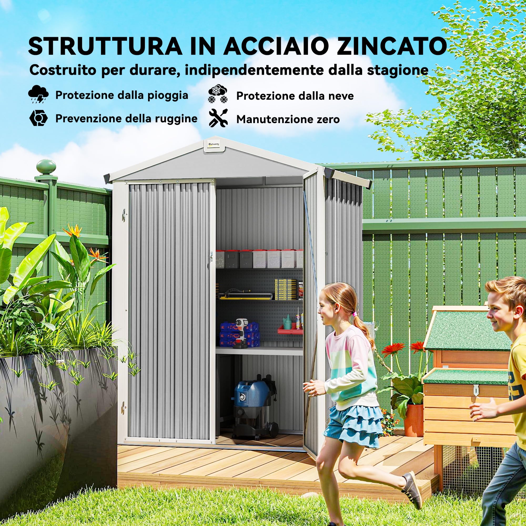 Outsunny Casetta da Giardino 1.1m² Acciaio Zincato Doppie Porte Larghe Bloccabili Tetto Inclinato 133x87x178 cm Grigio Argento