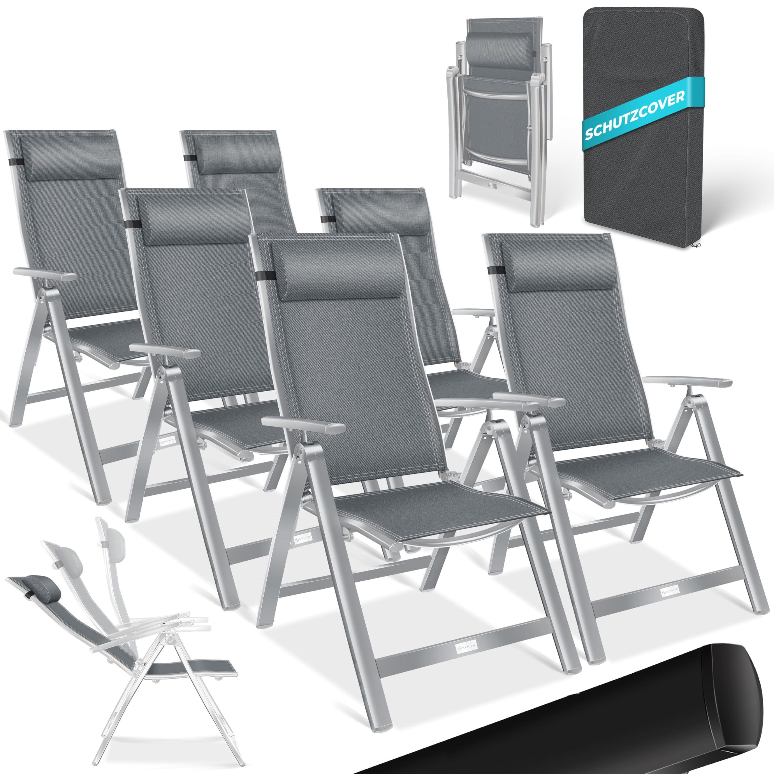 KESSER® Tuinstoel met Armleuningen set van 2 Opklapbare Aluminium Ligstoel incl. Hoofdkussen | Campingstoel 7-voudig Verstelbare Rugleuning | Ademend & Weerbestendig | Opvouwbaar & Antislip Antraciet