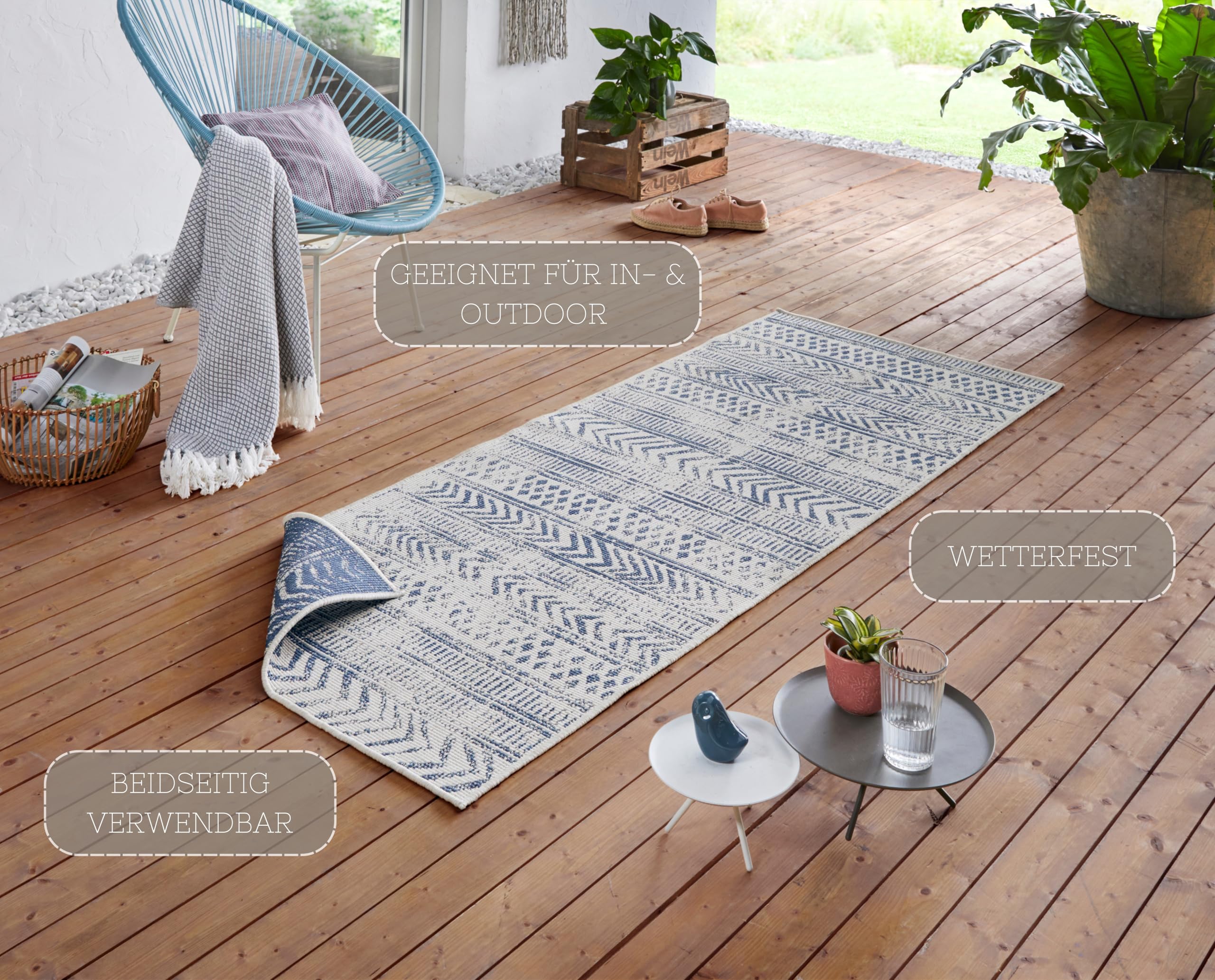 NORTHRUGS In- und Outdoor Teppich Biri 80x350cm - Wendeteppich Wetterfest Boho Style Vintage Design Läufer für Balkon Terrasse Garten Wintergarten Wohnzimmerteppich Wasserfest in Blau Creme