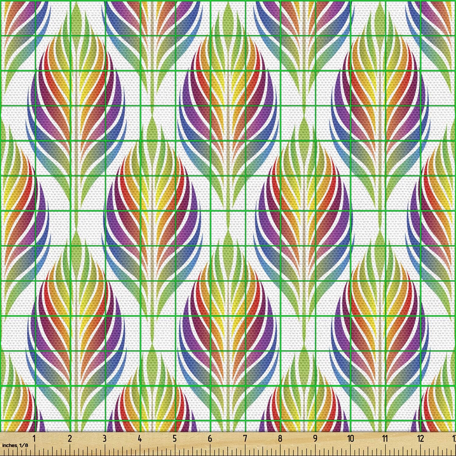 Ambesonne Colorful Fabric by The Yard, Abstract Rainbow Colored Art of Leaf Look Motifs in Repeating Vertical Design, Decorative Fabric for Upholstery and Home Accents, 3 Yards, Purple Yellow