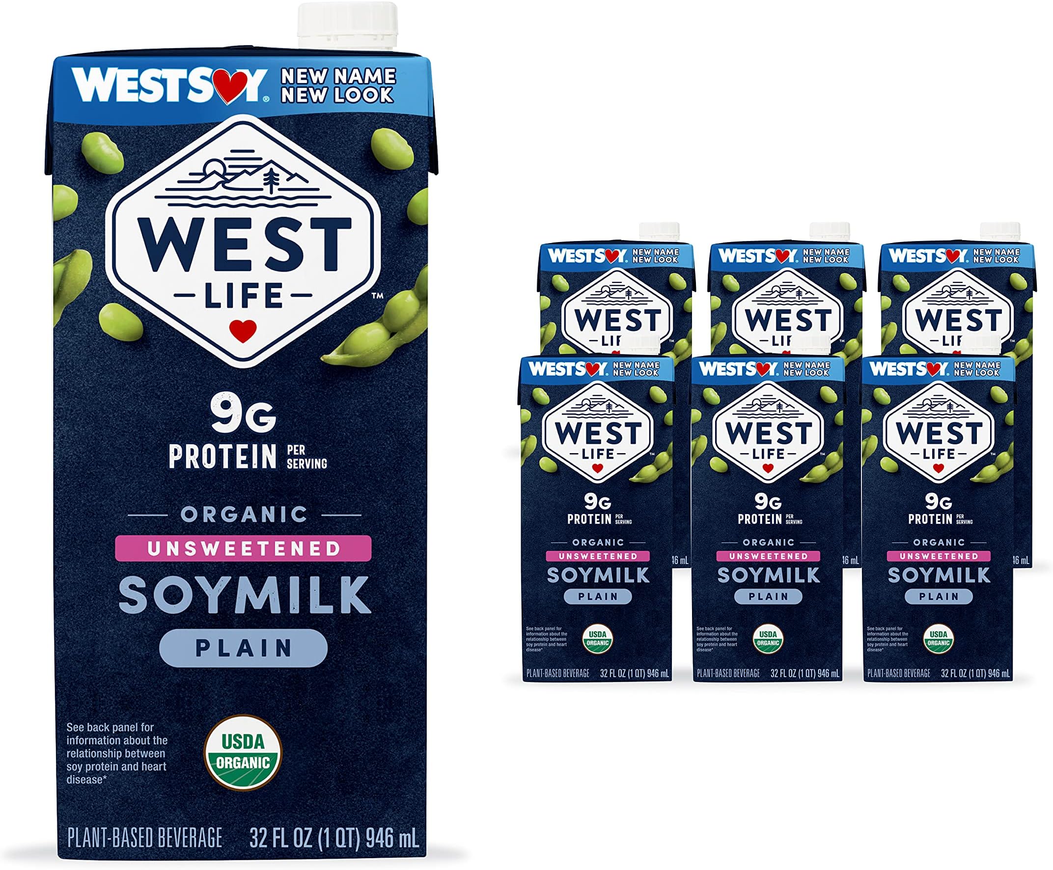 West Life Organic Soy Milk, Unsweetened Plain, Low Sugar, 9g of Protein, Vegan Dairy Alternative, Lactose-Free, Shelf Stable, 32oz (Pack of 6)