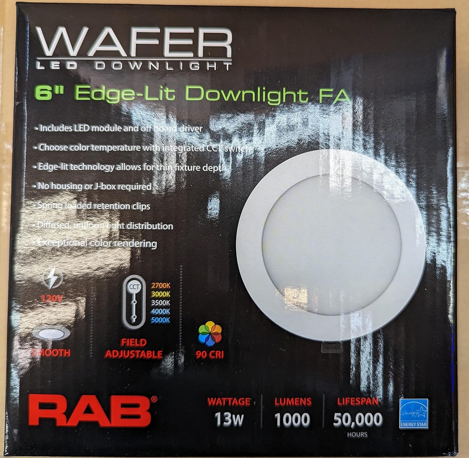 RAB Lighting WFRL-Field-Adjustable Edge-Lit LED Downlight-Canless Wafer Design-Black/White Trim-5CCT Selectable 2700K-5000K-90 CRI-Wet Rated/Dimmable for Modern Ceilings (WFRLA6R129FA120WS, 1)