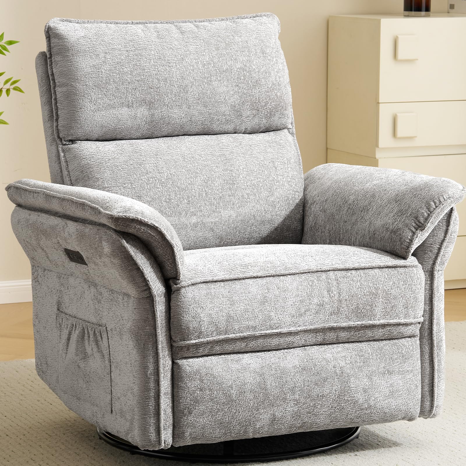 Oversized Rocking Chair Nursery with Massage and Heat, Glider Recliner Nursery Chair with Adjustable Headrest, Power Swivel Rocker Recliner Chair with USB Port, Light Grey