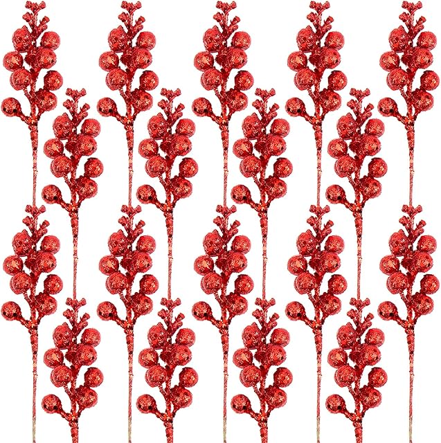 FINGOOO Artificial Red Berry Stems, 14 Pcs 7.8 Inch Glitter Christmas Tree Picks for Christmas Tree Ornaments,DIY Xmas Wreath, Holiday and Home Decoration