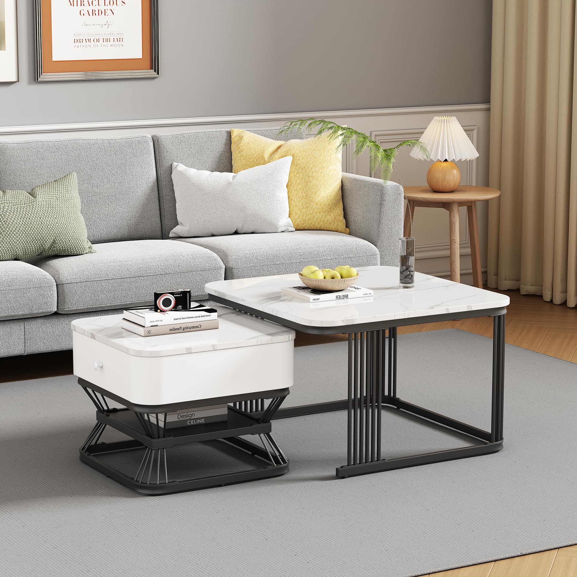 Merax Nesting Coffee Table Set of 2 with Drawer & Storage Shelf, Marble Effect Coffee Tables, Square Side Table Set with Black Metal Frame, Modern Nest of Tables for Living Room, Bedroom, White