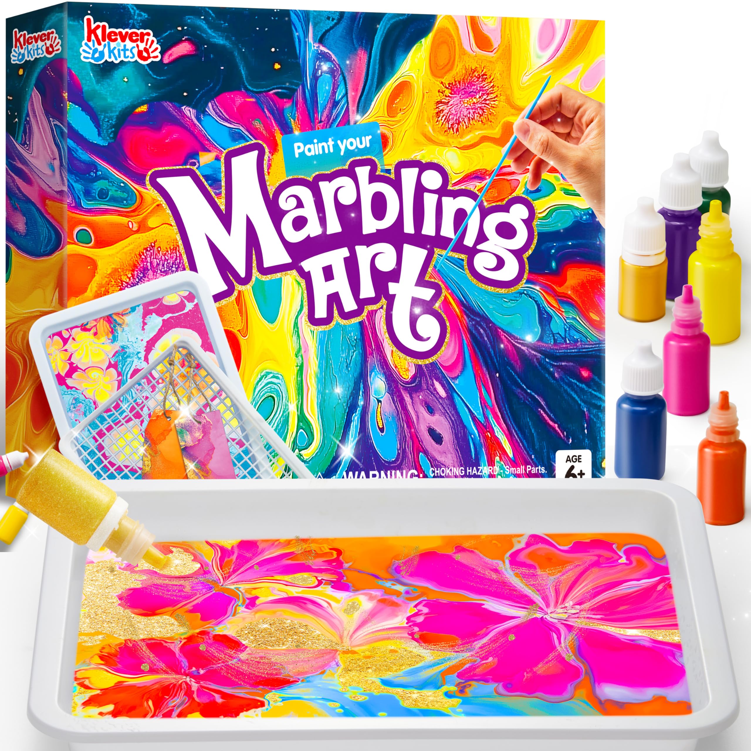 Klever Kits Marbling Paint for Kids, Metallic Gold Water Marble Paint Art, Arts and Crafts for Girls & Boys 6-12 Years Old, Craft Kits, Birthday Gifts Ideas Activities Toys