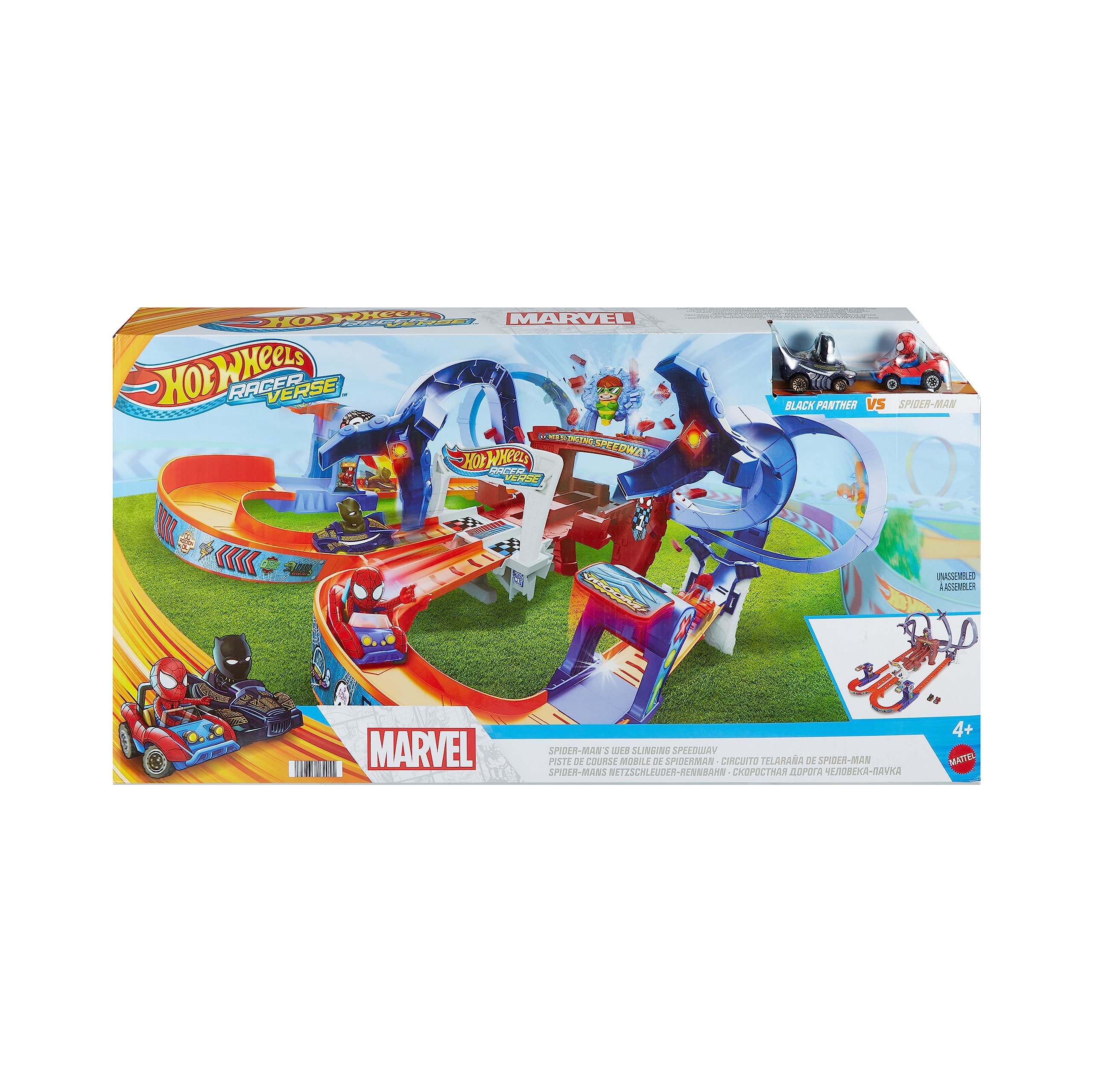 Hot Wheels RacerVerse Piste de Course Mobile de Spiderman Coffret Circuit avec Voitures de Course Hot Wheels Spiderman et Black Panther, Course en Plusieurs Tours pour échapper à Doc Ock, HPL34