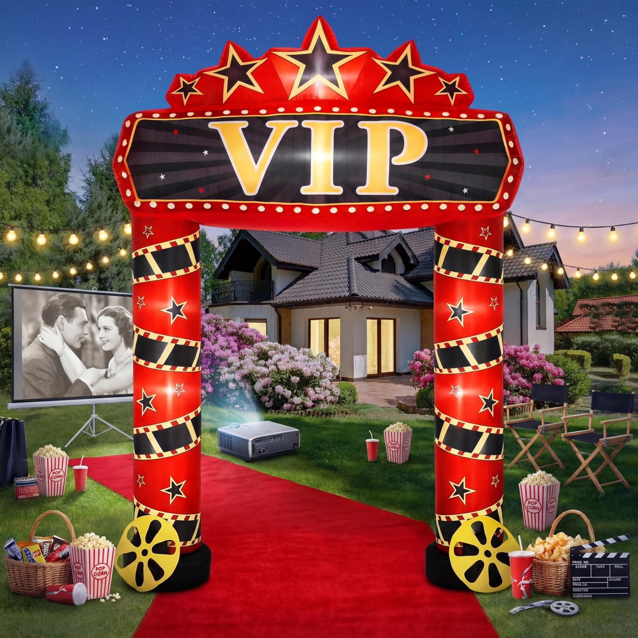 Gilprop 10 ft Movie Night Inflatable Decorations with Build-in LEDs Blow up Arch Kit Outdoor Inflatable Archway Decorations for Yard Lawn Garden Party Decor