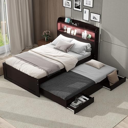 P PURLOVE Cama de plataforma tamaño individual XL con cabecera LED de almacenamiento, cama capitán con nido de tamaño individual y 2 cajones, marco