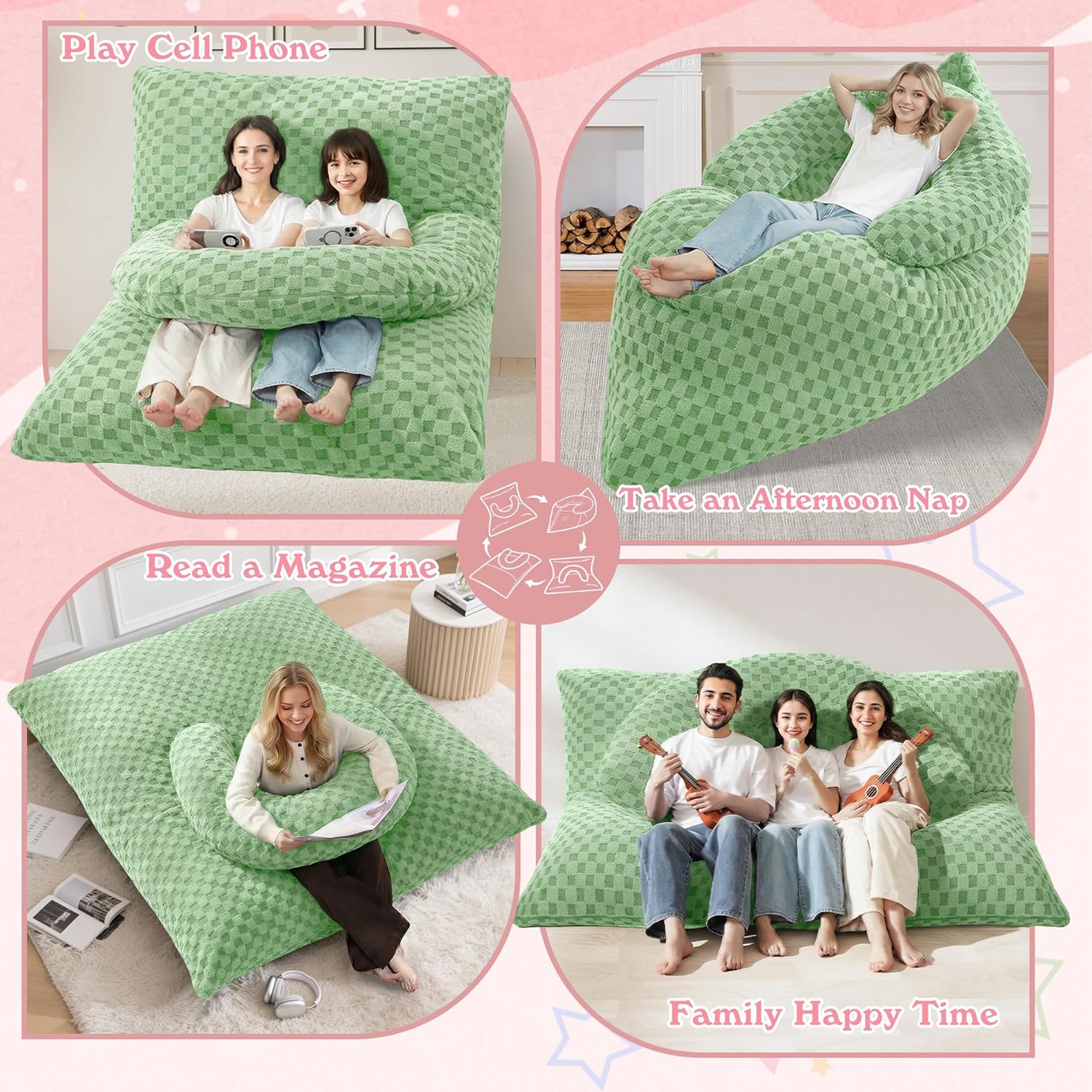 HABUTWAY 3 in 1 Bean Bag Chair with Portable U-Shaped Pillow, Giant Bean Bag with Washable Cover, Convertible Sofa Bed (Green)