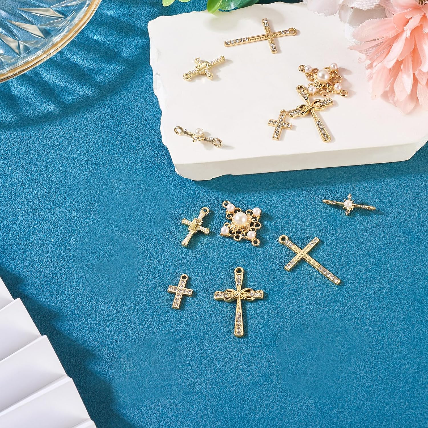 12Pcs Crystal Rhinestone Cross Charms Golden Religious Jesus Crucifix Connector Charms with Plastic Pearl Alloy Cross Metal Dangle Pendants for DIY Crafts Earring Necklace Jewelry Making - Image 4