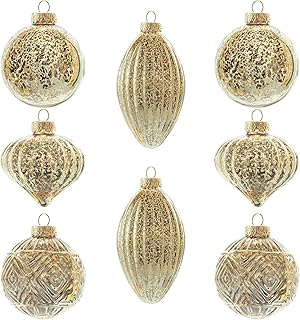 KI Store Mercury Glass Christmas Ornaments Set of 8 Champagne Gold Hanging Christmas Balls Finials for Christmas Tree Decoration Holiday Décor