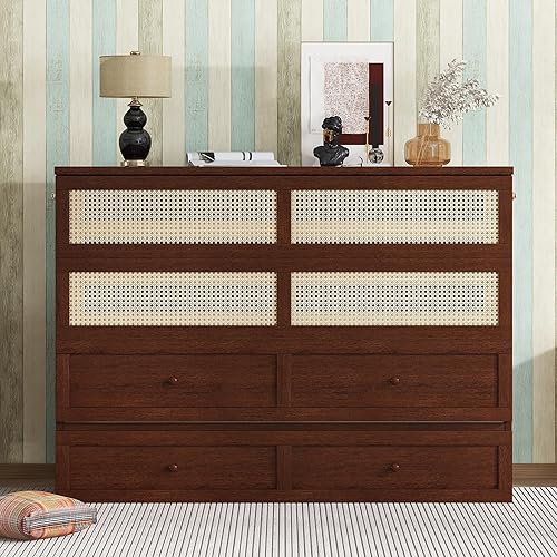 Bellemave Queen Murphy Bed with Storage Drawer, Cabinet Bed, Farmhouse Murphy Cabinet with Foldable Panel, Noisy Free, for Guest Bedroom, Living Room, Walnut