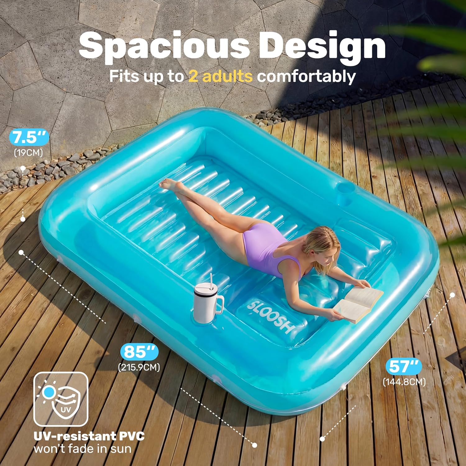 sloosh inflatable tanning pool lounger float, 85" x 57" extra large pool floats adult with pillow, 4 in 1 suntan tub raft floatie,sunbathing bed lounge for water blow up ball pit party gifts, xl-blue blue x-large