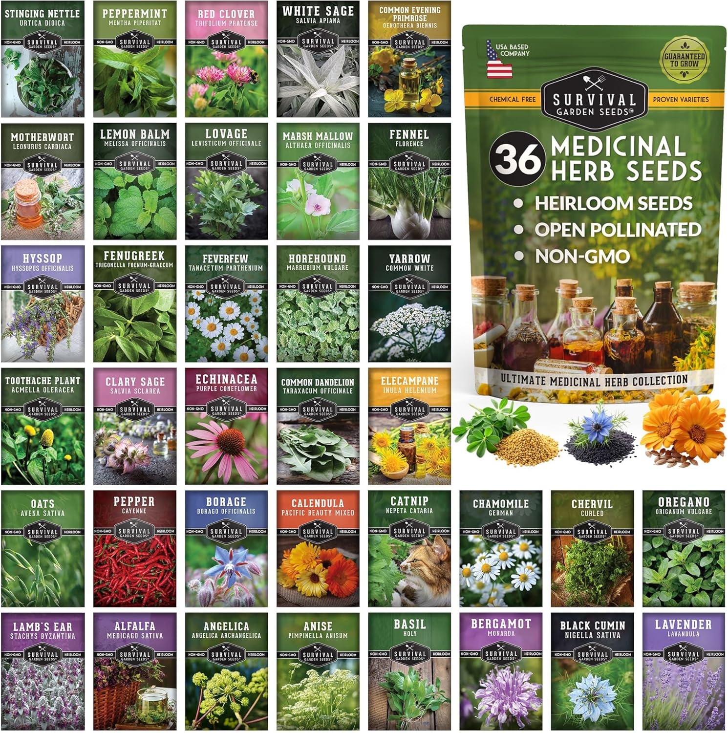 Ultimate Medicinal Herbs Collection – 36 Variety Pack of Herb Seeds for Growing Essential Healing Plants – Mixed Assortment for Homesteaders – Non-GMO Heirloom Varieties – Survival Garden Seeds