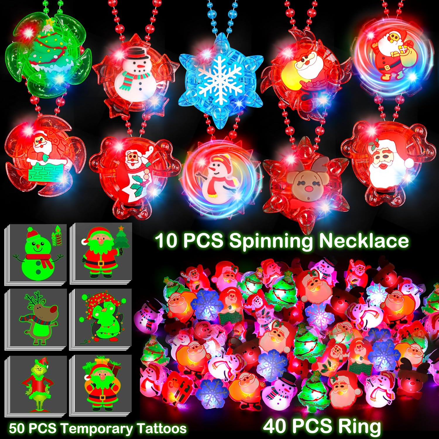 Condition photo showing New/Like New for 100 PCS Christmas Party Favors Glow in The Dark Toys Bulk Christmas Party Supplies Xmas LED Light Up Necklace Bracelets Ring Holiday Gifts for Boys Girls School Classroom Prizes Stocking Stuffers