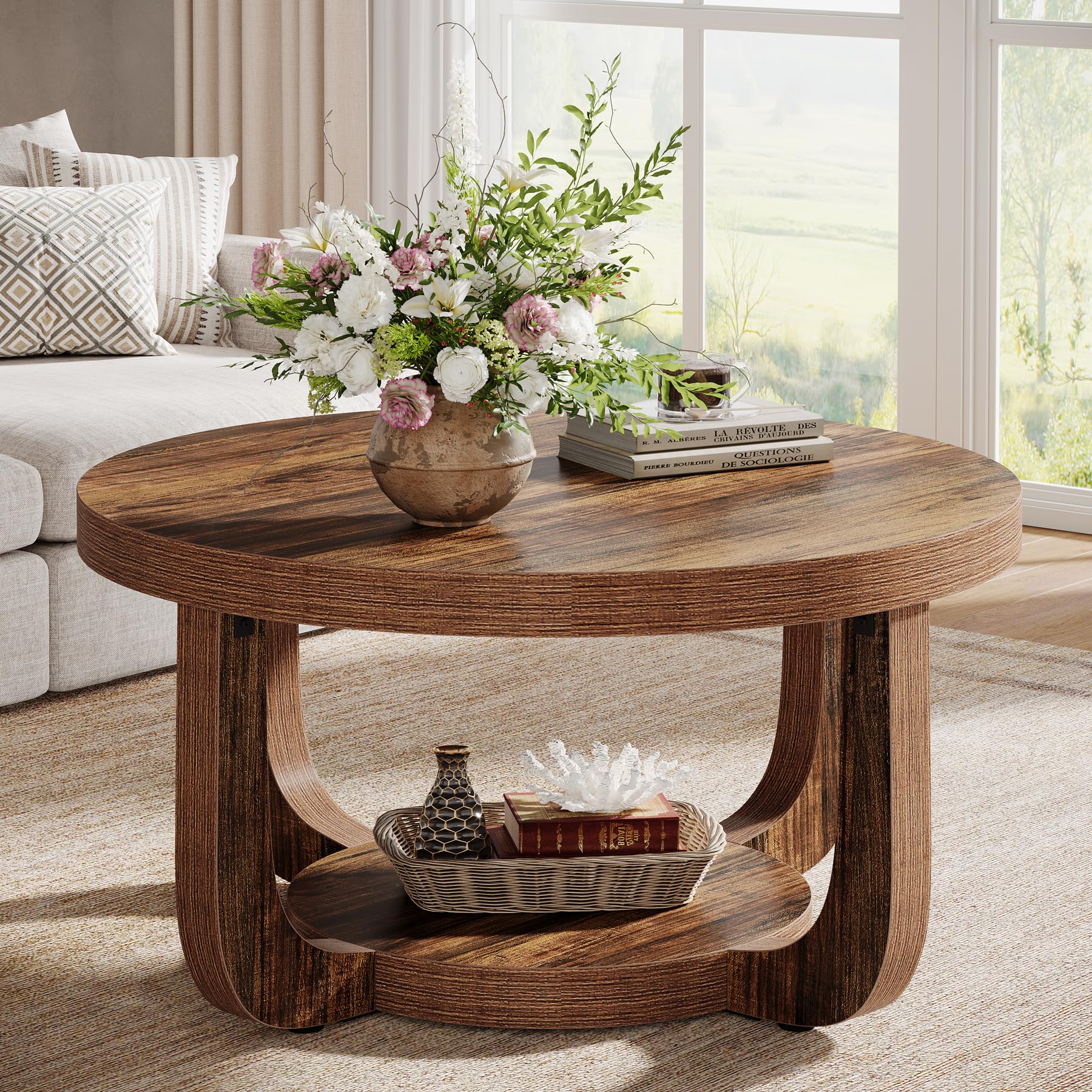 Tribesigns dark brown round coffee table with thick tabletop and base with storage tier