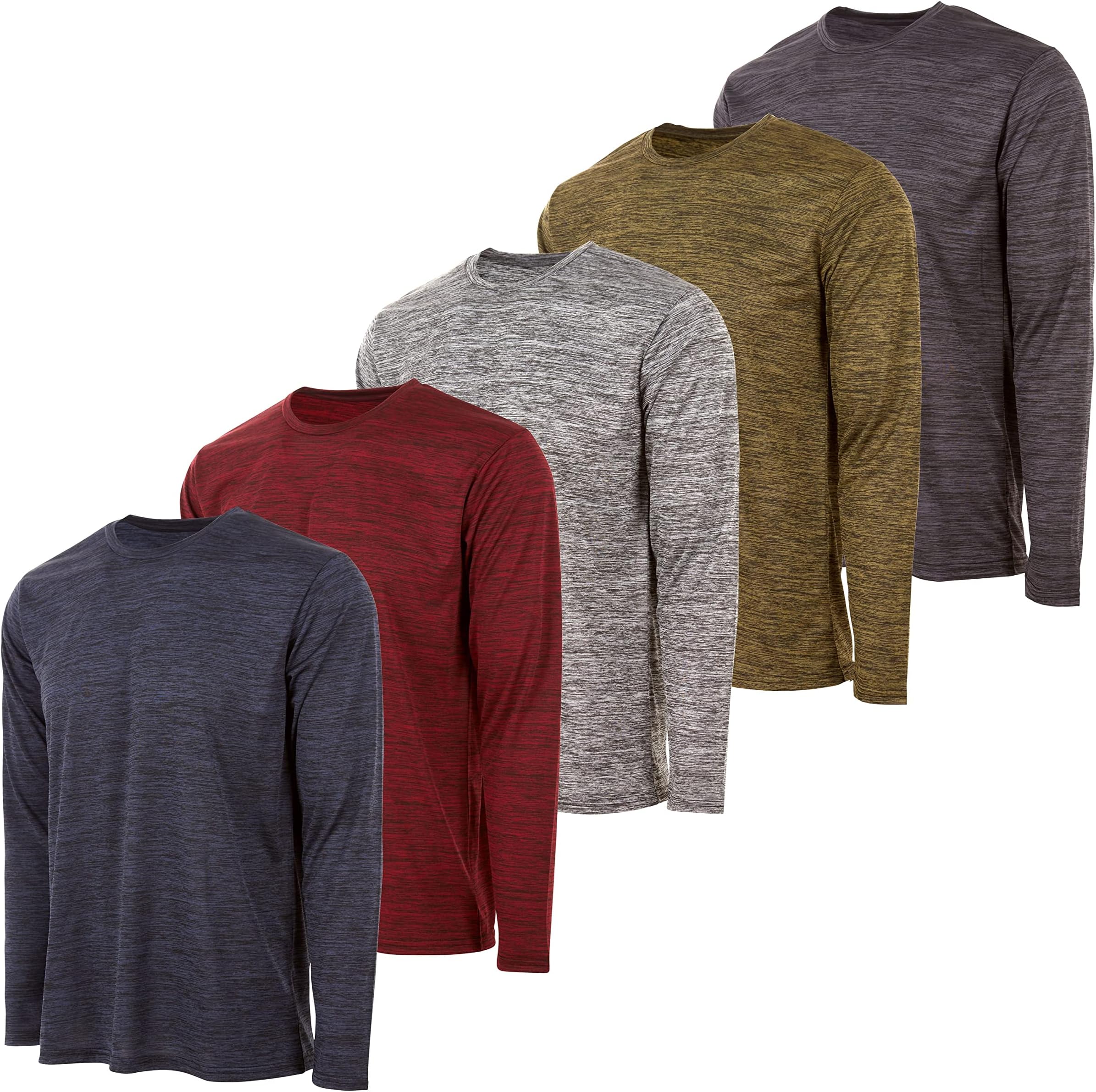 Mens Active T-Shirt - Quick-Dry Athletic Workout Training Crew Neck Long Sleeve Top 5 Pack