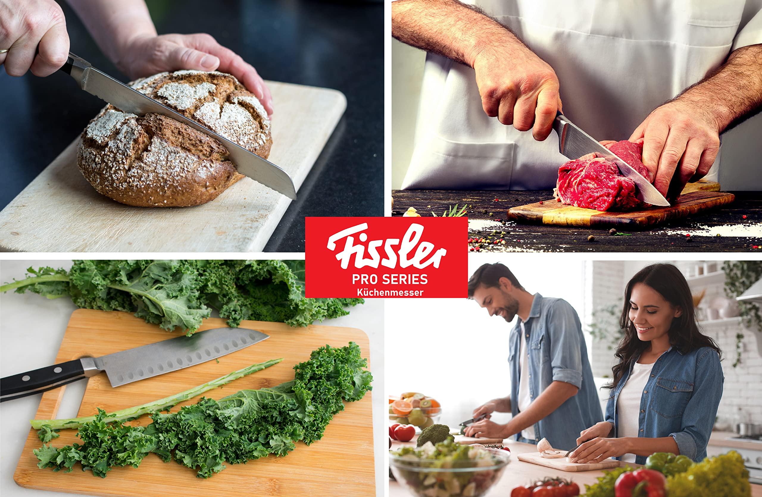 Fissler PROFI Messerset 4 tlg, Spezialklingen-Edelstahl geschmiedet - scharf, Rostfrei, Küchenmesser Set aus 1 Kochmesser / 2 Santokumesser / 1 Brotmesser, Messer Küche
