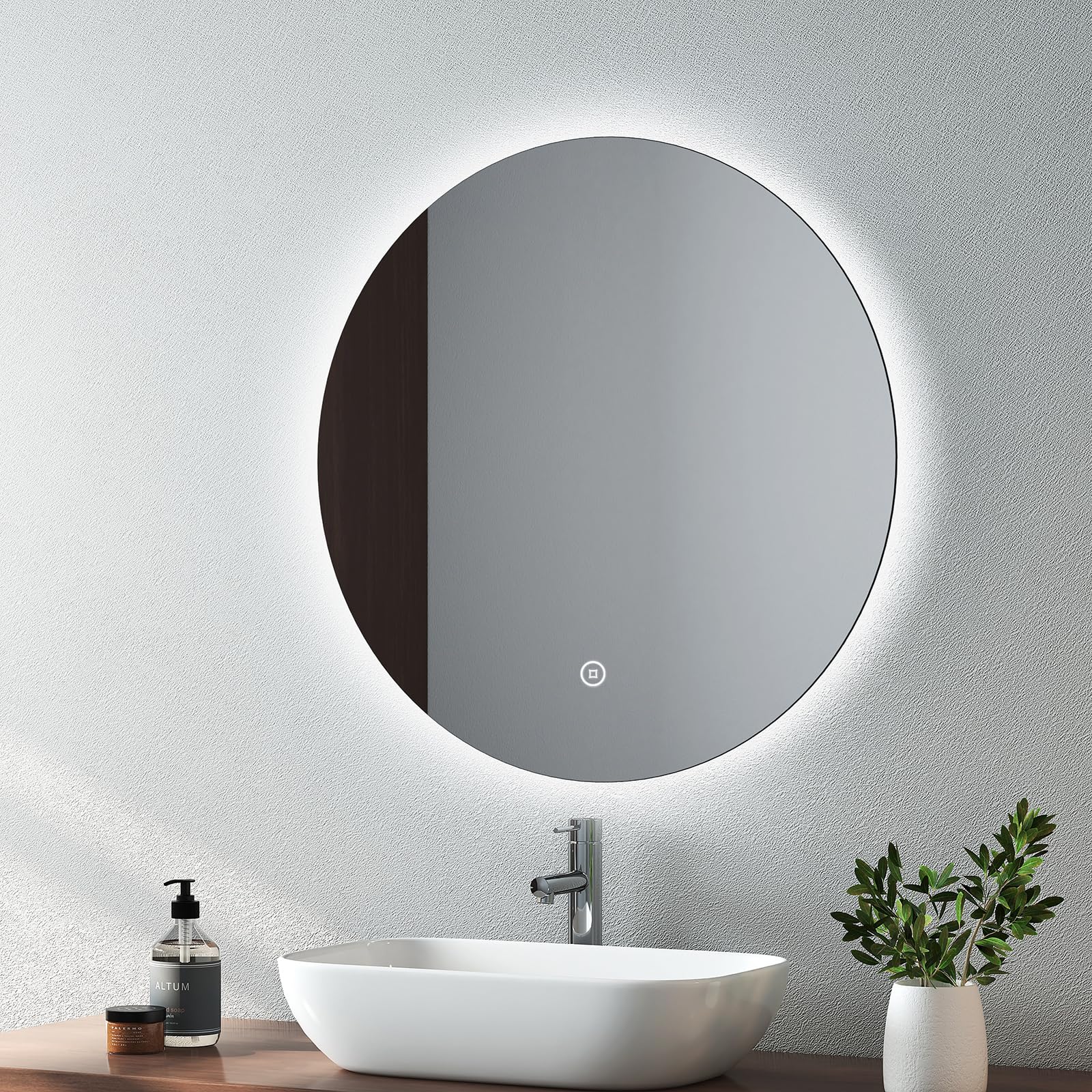 EMKE Espejo de baño Redondo con Luces LED, Espejo de tocador montado en la Pared de 600 mm con función táctil, antivaho y Memoria Regulable, Espejo de baño Iluminado con luz Blanca fría