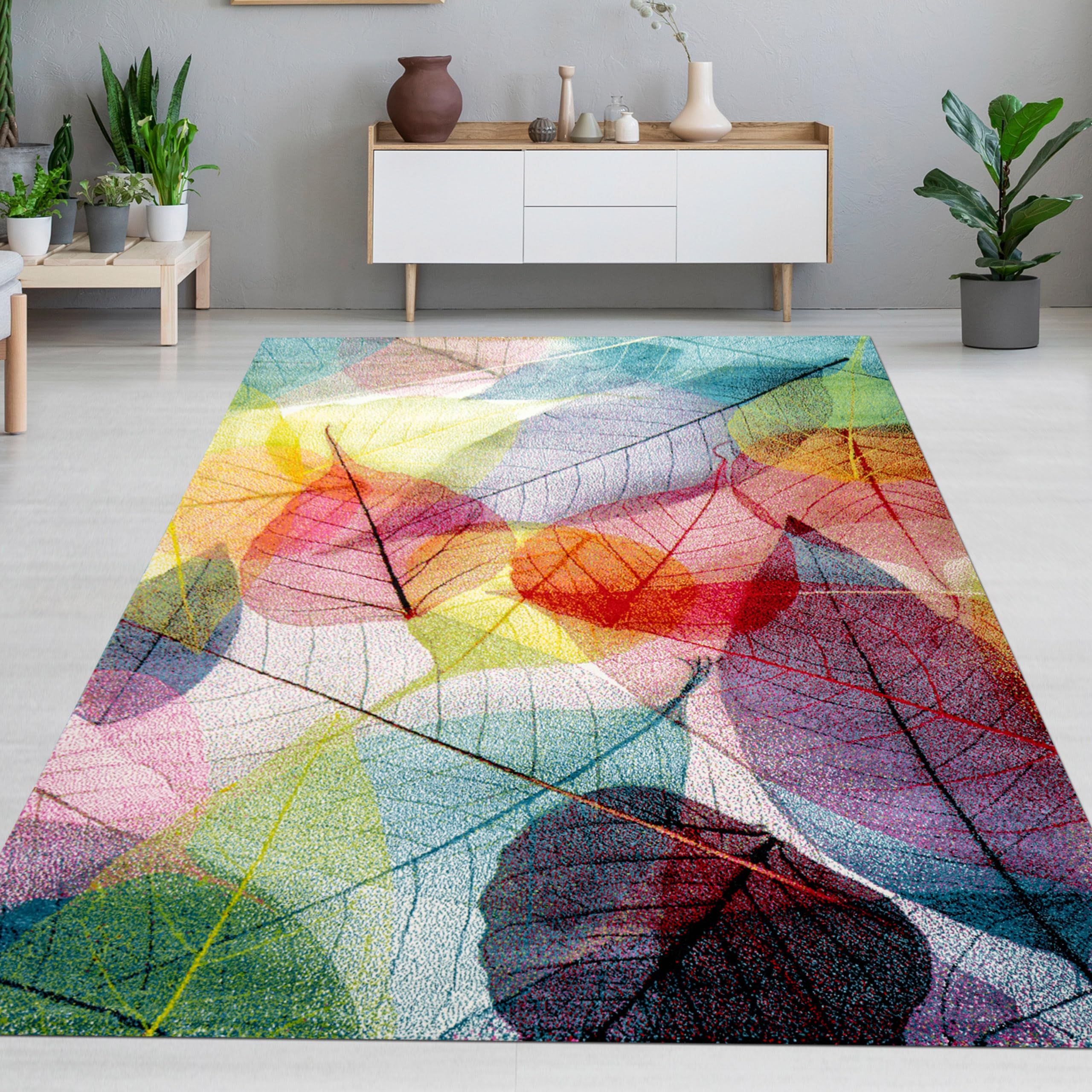 CARPETIA Tapis Salon Chambre Bureau Salle à Manger Facile à Entretenir Robuste Doux Riche en Couleurs avec Motif de Feuilles Multicolore, 120 x 170 cm