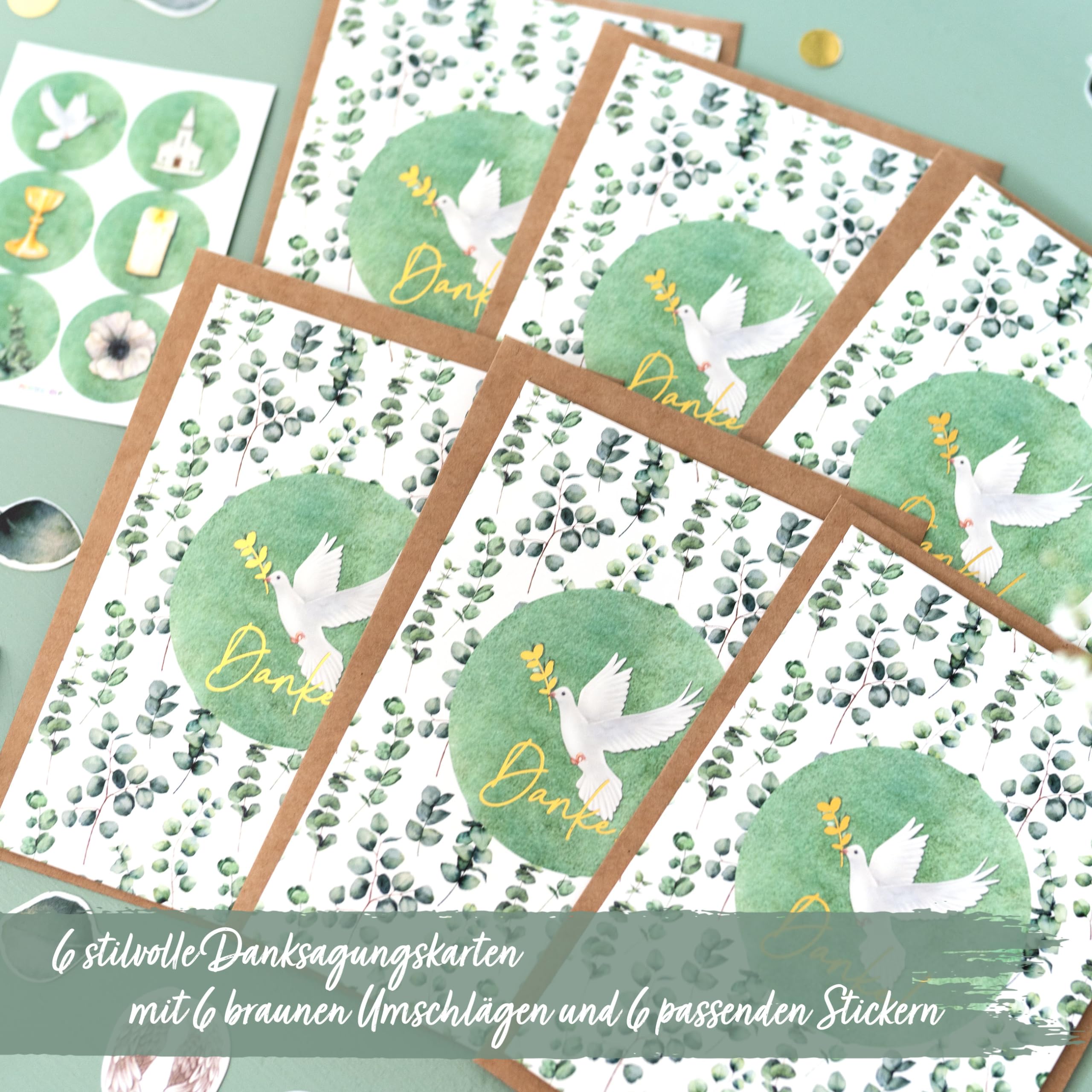 Papierdrachen 6 Thank You Cards for Christian Celebrations such as Christening, Communion, Confirmation, Eucalyptus Motif - Image 2
