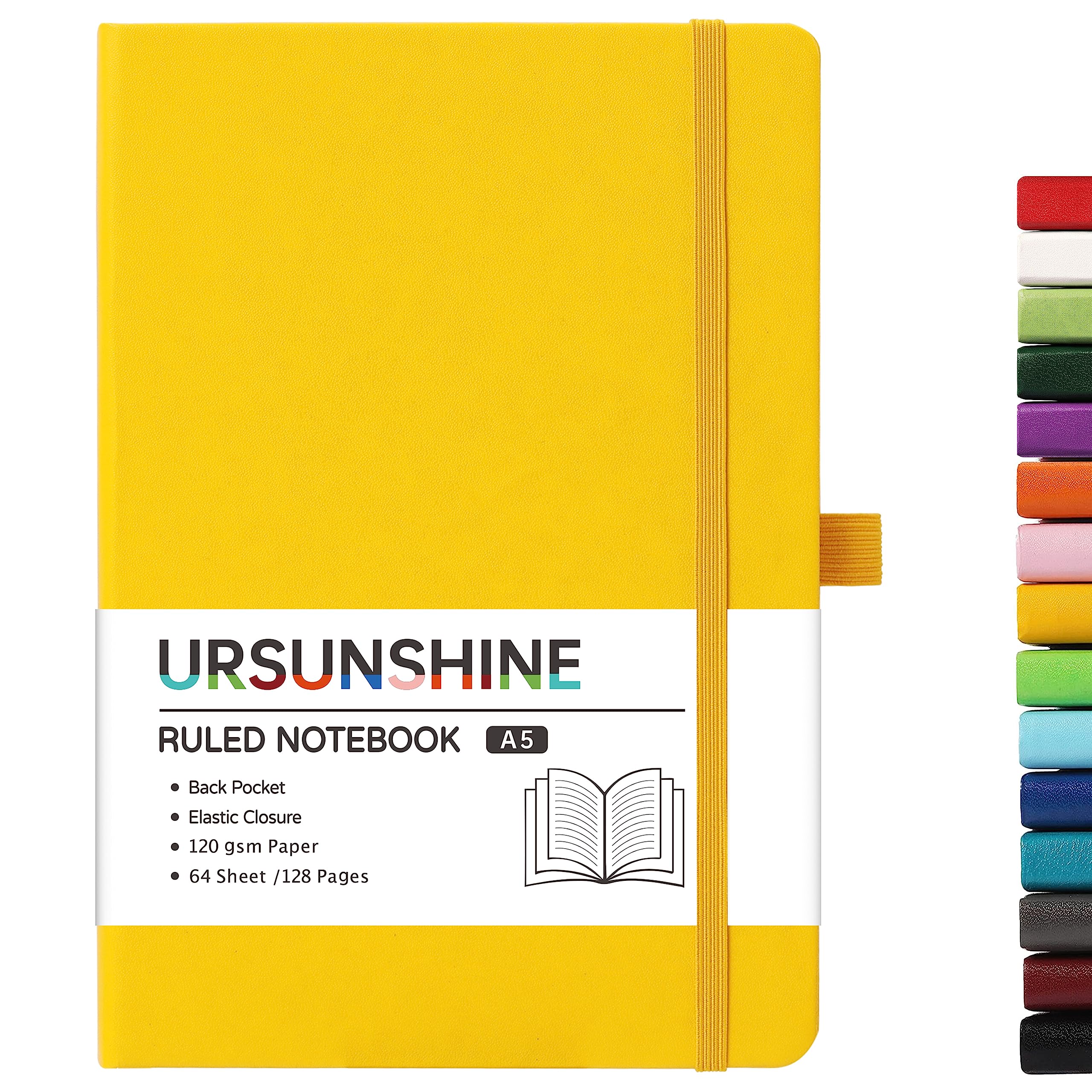 Ruled Notebook/Journal - Classic Lined Journal/Notebook, Hardcover with Thick Paper, 5.3" x 8.26", Banded + Ribbon Bookmark +Inner Pocket - Yellow