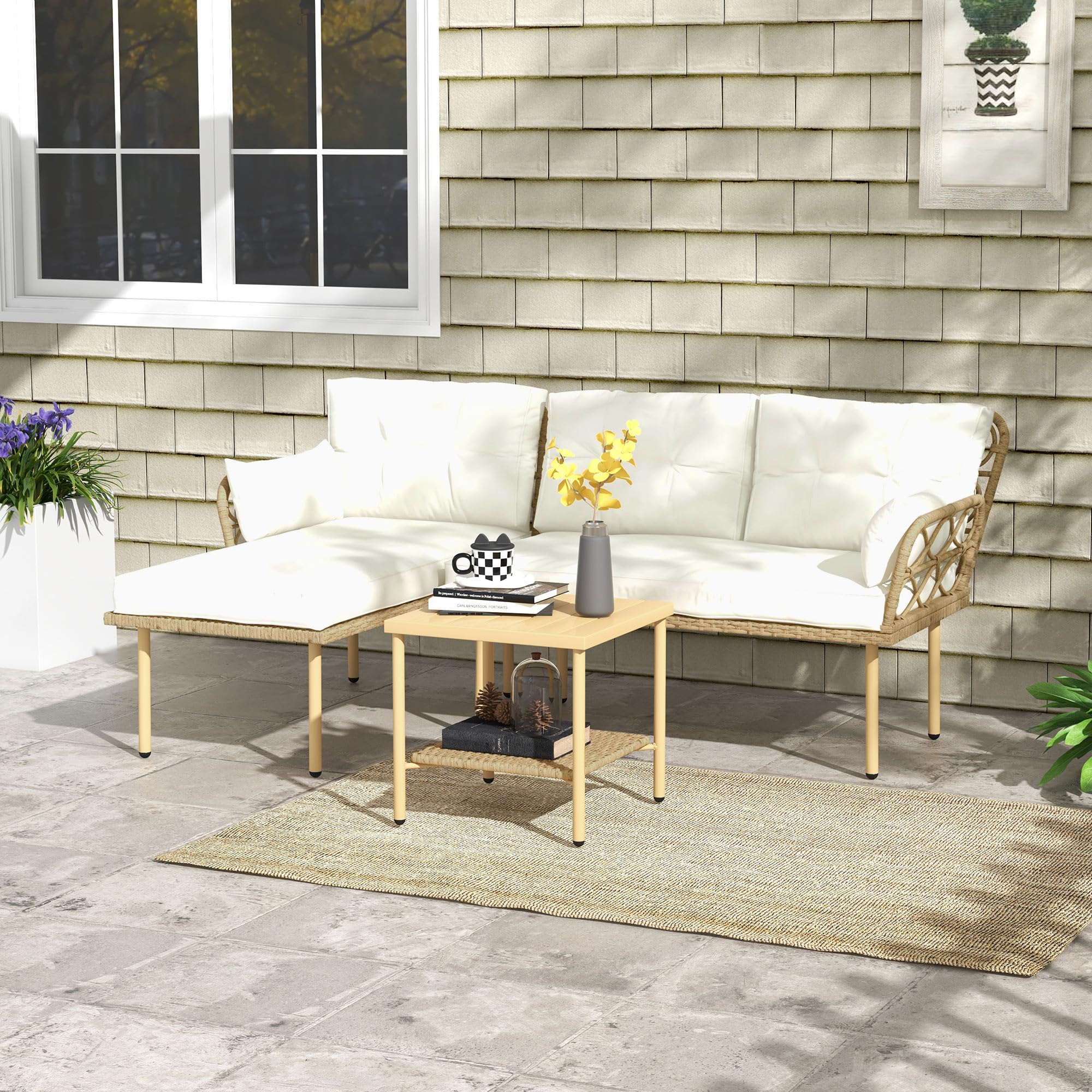 Outsunny Set Giardino Rattan 3 Pezzi Salotto Esterno Divanetto 2 Posti Chaise Longue Cuscini Lavabili Tavolino Caffè Crema