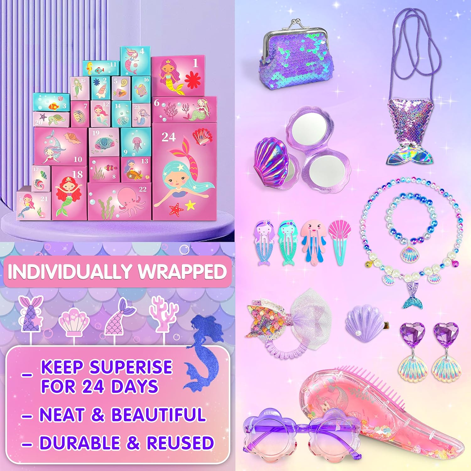 LINAYE Advent Calendar 2025 for Girls - Mermaid Advent Beauty Calendar Christmas Countdown, 24 Days Mermaid Accessories & Treasure Xmas Christmas Surprise Gifts for Girls Kids Daughters Granddaughters