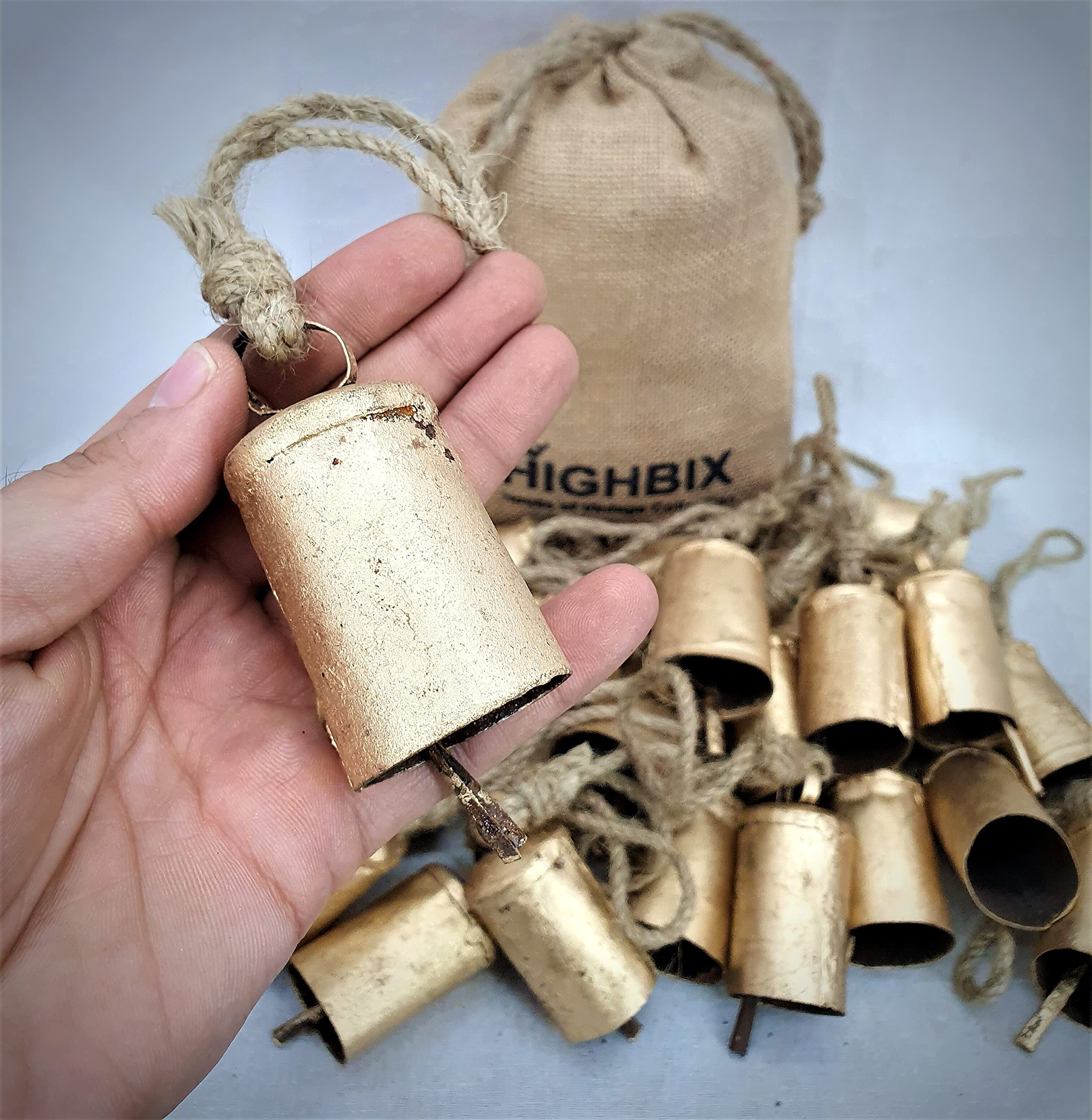 HIGHBIX Big 7cm Handmade Vintage Rustic Lucky Tin Cylinder Shaped Cow Bells Set of 30 Festive Décor Bells with Jute Rope - Image 2 thumbnail