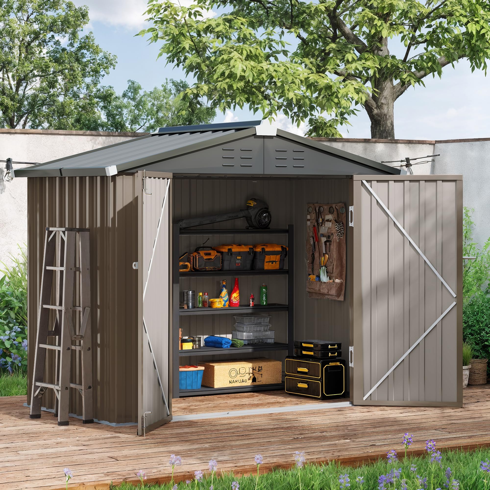 Amopatio Metal Garden Storage Shed 6x4 ft, Outdoor Tool Storage Shed 200x131x192 cm, BikeShed Waterproof with Lockable Door for Winter, Backyard, Patio, Garbage Bin, Tools, Brown