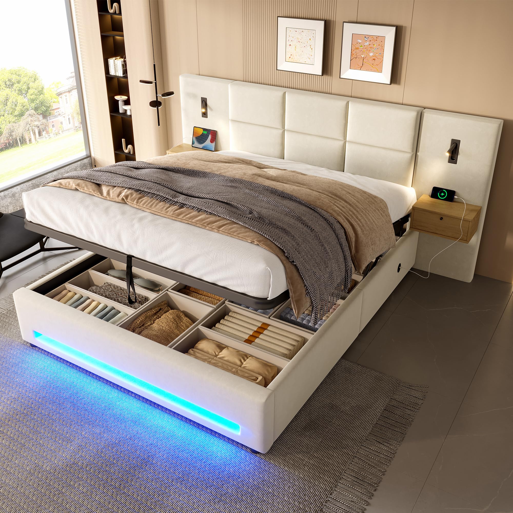 Łóżko tapicerowane 180 x 200 cm, hydrauliczne łóżko do przechowywania z lampką nocną LED, łóżko młodzieżowe ze złączami USB-C, podwójne łóżko z metalową ramą, łóżko do sypialni (bez materaca